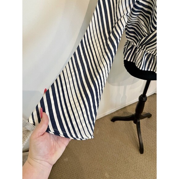 Express Blue Stripe V-Neck Ruffle Open Back Flare Long Sleeve Blouse Size Medium - Picture 2 of 5